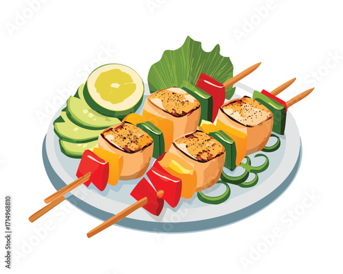 Grilled seafood and vegetable skewers featuring fish cubes, zucchini, and peppers served on a light plate - Vector Illustration	