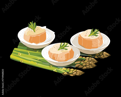 Delicate Japanese steamed egg custard (chawanmushi) with asparagus and seafood on a black background - Vector Illustration	