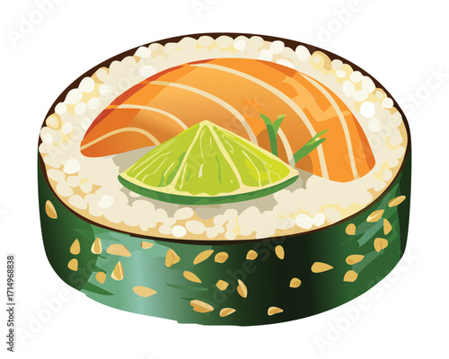 Fresh slice of salmon and lime on a large maki sushi roll, wrapped in white rice and dark seaweed - Vector Illustration	