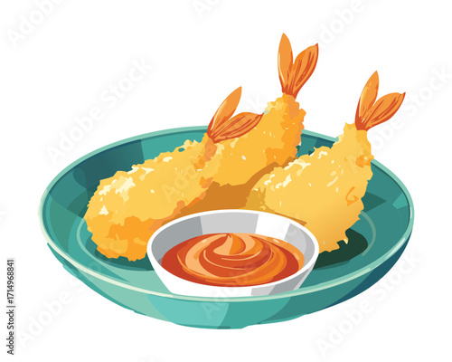 Classic deep-fried tempura shrimp served golden brown with a savory dipping sauce in a small dish and bowl - Vector Illustration	
