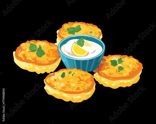 Close-up view of golden mini seafood quiches or tarts with a side of sour cream and fresh lime slices - Vector Illustration	