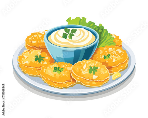 Stack of mini seafood quiches or tarts served with a creamy dipping sauce and fresh lettuce leaves on a plate - Vector Illustration	