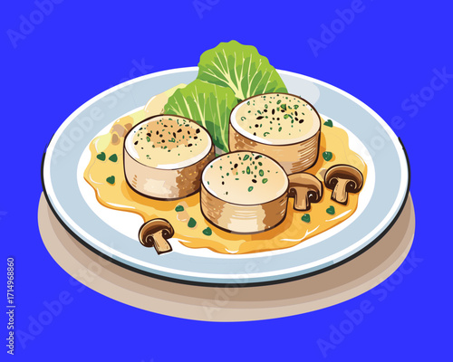 Elegant pan-seared scallops placed on a blue plate, garnished simply with fresh spinach and a light pan sauce - Vector Illustration	