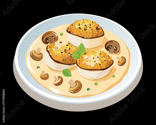 Gourmet seared scallops served in a rich, creamy mushroom sauce, topped with crunchy breadcrumbs and herbs - Vector Illustration	