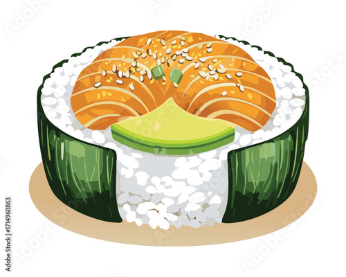 Unique large sushi roll presentation with savory grilled eel, fresh avocado, and a green seaweed wrap - Vector Illustration	