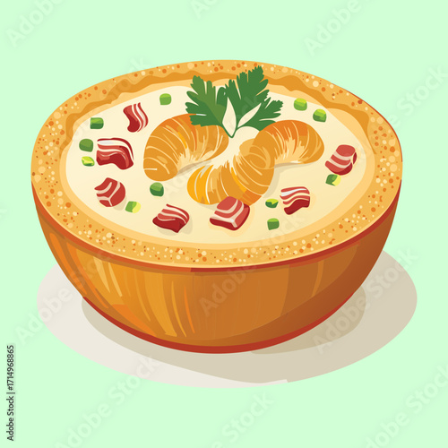 Creamy seafood chowder with clams and chunks of fresh fish in a rustic bowl with parsley garnish - Vector Illustration	
