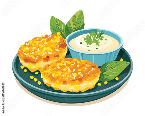 golden brown crispy crab cakes served with a creamy dipping sauce on a dark blue plate - Vector Illustration