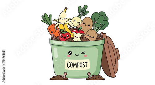 Happy Compost Bin Overflowing with Kawaii Fruit and Vegetable Scraps.