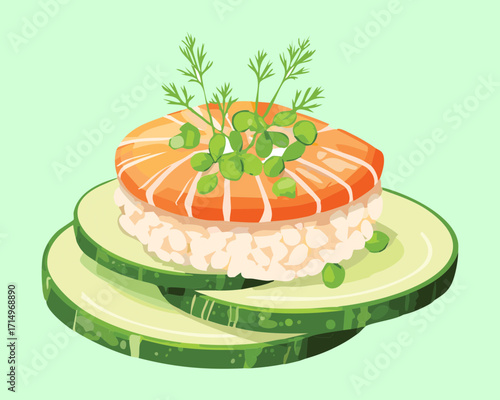 Beautifully presented small rice mound topped with shrimp and dill on a fresh cucumber slice - Vector Illustration