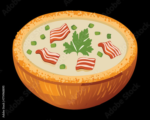 Hearty quiche with savory cream filling, chunks of bacon, and green peas baked in a crust - Vector Illustration