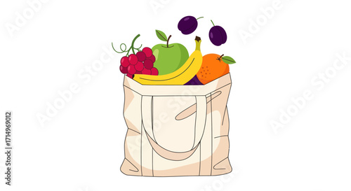 Tote Bag Filled with Fresh Fruits: Grapes Apple Banana Orange and Plums.
