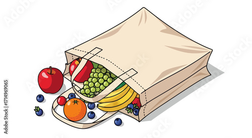 Hand-drawn reusable shopping tote bag overflowing with fresh colorful fruits and vegetables.
