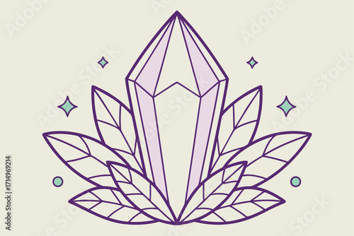 Purple Crystal Surrounded by Purple Leaves and Stars on Beige Background amethyst quartz