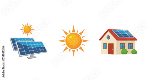 A collection of solar energy illustrations featuring photovoltaic panels the sun and a house with a solar roof.