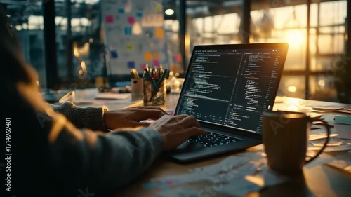Close-up of a young male developer typing on a laptop in a cozy workspace during sunset.