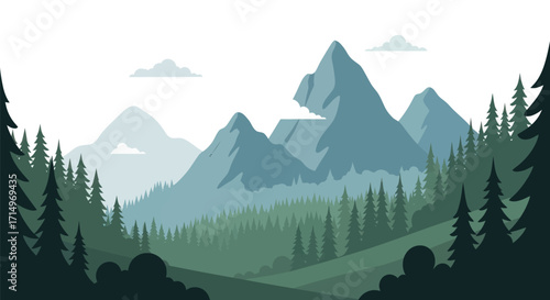 Mountain Landscape with Evergreen Trees and Cloudy Sky Vector Illustration.