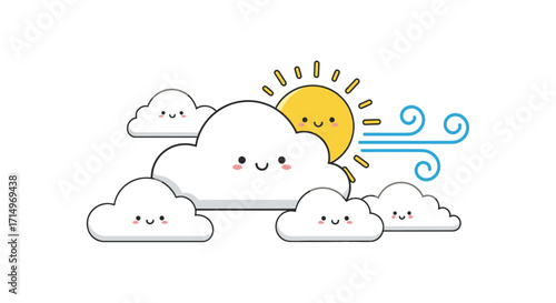 Cute Cartoon Cloud and Sun with Wind.