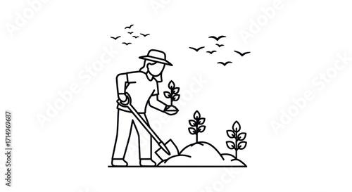 Line Art Illustration of a Gardener Planting Seedlings with Birds Flying Above.
