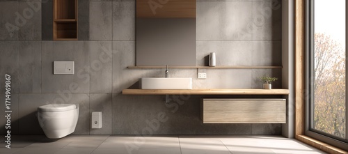 Minimalist bathroom interior with wall tiles, wooden shelf, toilet, sink cabinet, and large window in neutral tones