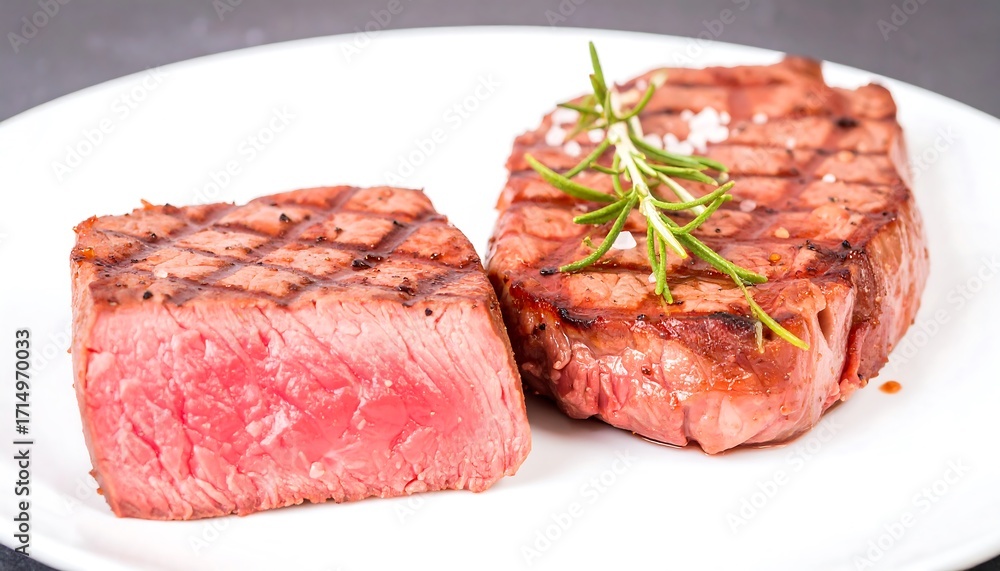 Fototapeta premium Two grilled steaks on a white plate