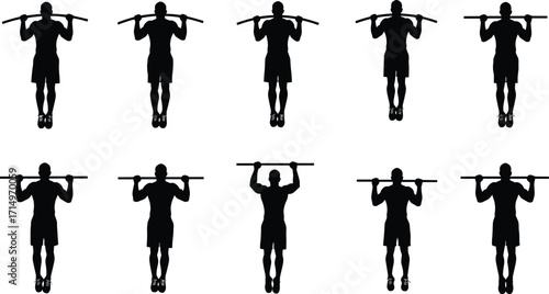 Pull-up, exercise, silhouette, fitness, workout, gym, strength, training, bodyweight, motion, athlete, bar, pose, black, illustration