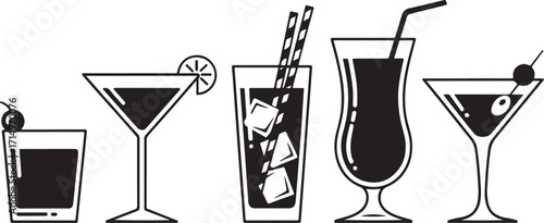 Vector Cocktail and Drink Glass Icons – Black and White Illustration