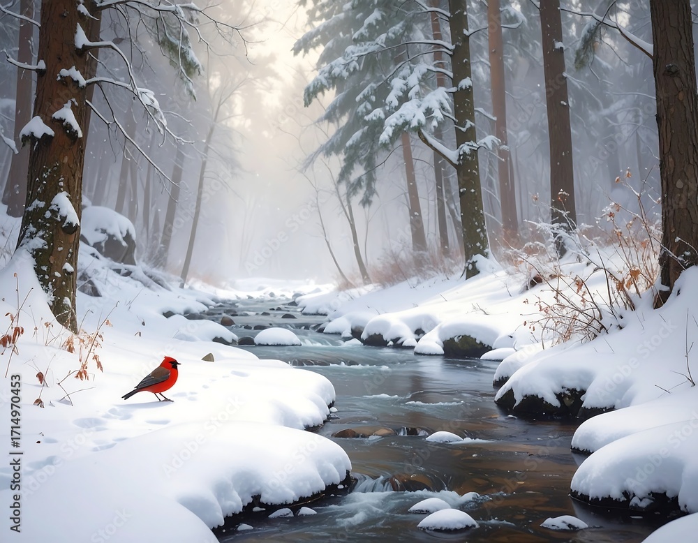 Fototapeta premium A serene winter forest stream with a lone cardinal, bathed in soft light, nestled amongst snowy banks.