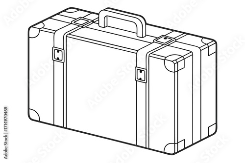 Isometric outline of a classic suitcase with straps and corner protectors on a white background