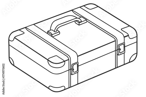 Isometric outline of a vintage suitcase with a handle and straps on a white background luggage