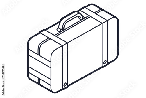 Isometric outline of a vintage travel suitcase with a handle and straps luggage retro