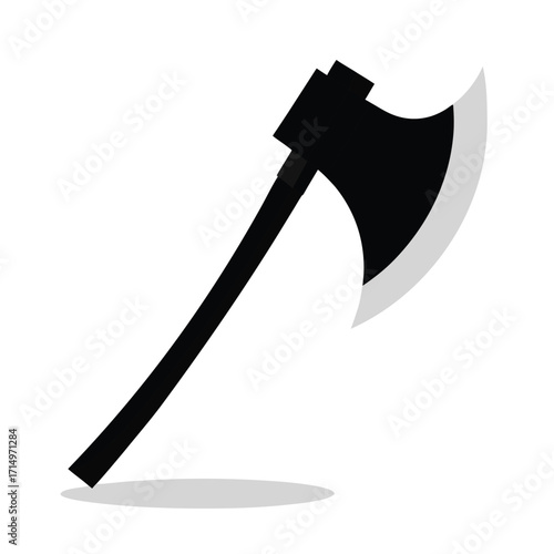 Black and white illustration of a sharp-edged axe with a long handle hatchet tool