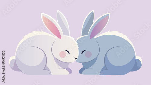 Adorable illustration of two fluffy rabbits, one white and one light gray, nuzzling together with closed eyes, symbolizing love, affection, and togetherness against a soft pastel background.