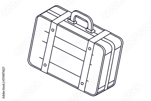 Outline illustration of a vintage suitcase with straps and rivets on a white background luggage