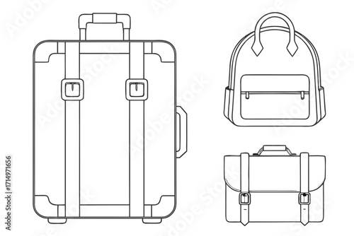 Outline Illustrations of Travel Luggage and Bags suitcase backpack