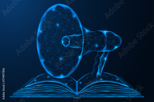 Broadcasting information. An open book with a speaker. The concept of spreading knowledge, education and science through communication and technology.