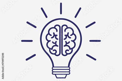 Simple Line Art Brain Inside Light Bulb with Rays Keywords: idea, light bulb, brain, thinking, concept