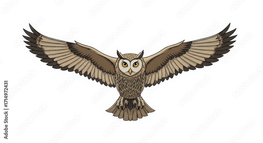 Fototapeta premium Spreading wings owl illustration against plain white background, owl design is perfect for logos and print. This flying owl with outstretched wings showcases majestic owl with feathers design.