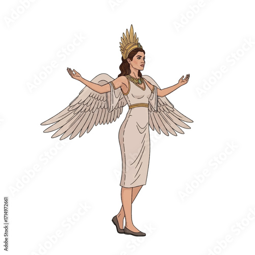 Winged female figure in classical attire, possibly a goddess or mythological character, depicted in profile view.