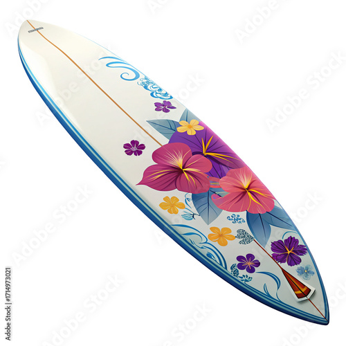 Colorful surfboard with floral art design reflecting beach lifestyle and ocean sports imagery