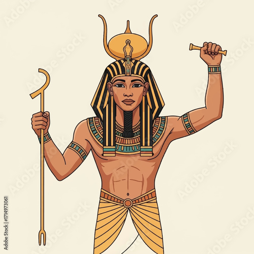 An illustration of an ancient Egyptian god wearing a traditional headdress and holding a was-scepter and flail.