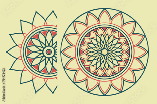 Two geometric mandala designs with teal and coral outlines on cream background pattern circular