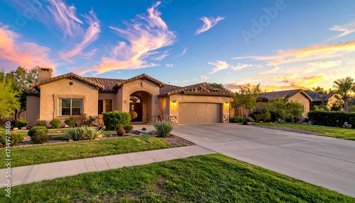 Home exterior at sunset