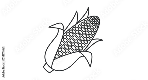 Simple Line Drawing of a Fresh Corn Cob with Husk.