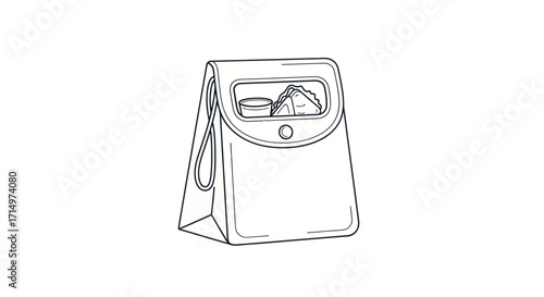 Hand-drawn illustration of a stylish lunch bag with a clear window.