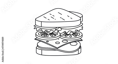 Detailed Black and White Illustration of a Sandwich.