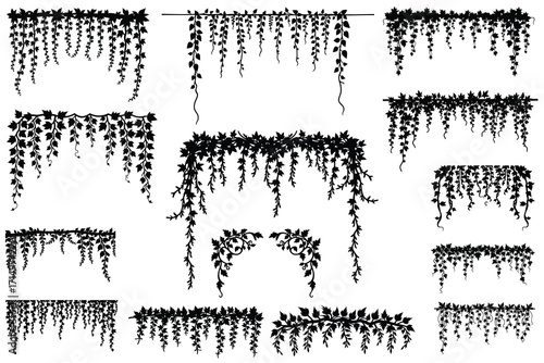 Black silhouette hanging vines and leaf borders vector