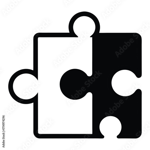 Two puzzle pieces, one black and one white, interlocked on white background interlocking