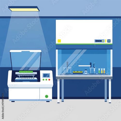 Illustration of a laboratory environment with scientific equipment, including a fume hood and a machine.