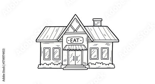 Hand-drawn illustration of a charming restaurant building with an EAT sign.
