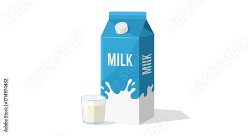 A classic blue and white paper milk carton with a small glass of fresh milk.